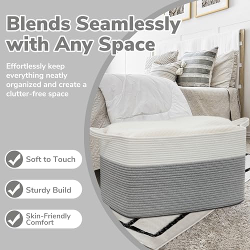 Goodpick Large Toy Storage Basket, Grey Cotton Rope Baskets Toy Storage Bin for Baby, Kids, Woven Storage Basket with Handle for Laundry, Living Room, Nursery, Bedroom, 21.6" x 14.9" x 11.8"