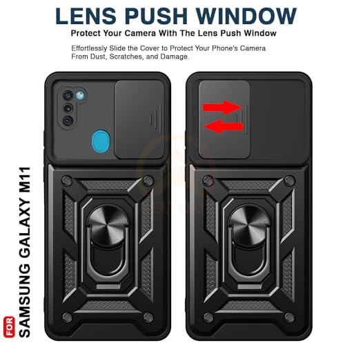 Image of Armor Bumper Back Cover Case for Samsung M11 | Rotating Camera Cover, Ring Holder & Kickstand | Heavy Duty & 360 Degree Protection Samsung M11 Back Cover (Black)