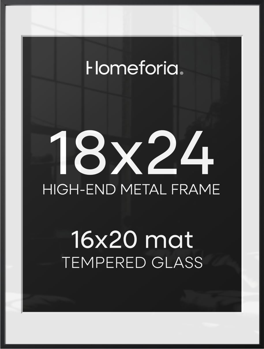 Homeforia 18x24 Black Poster Frame, High-End Metal, 16x20 Mat, Glass