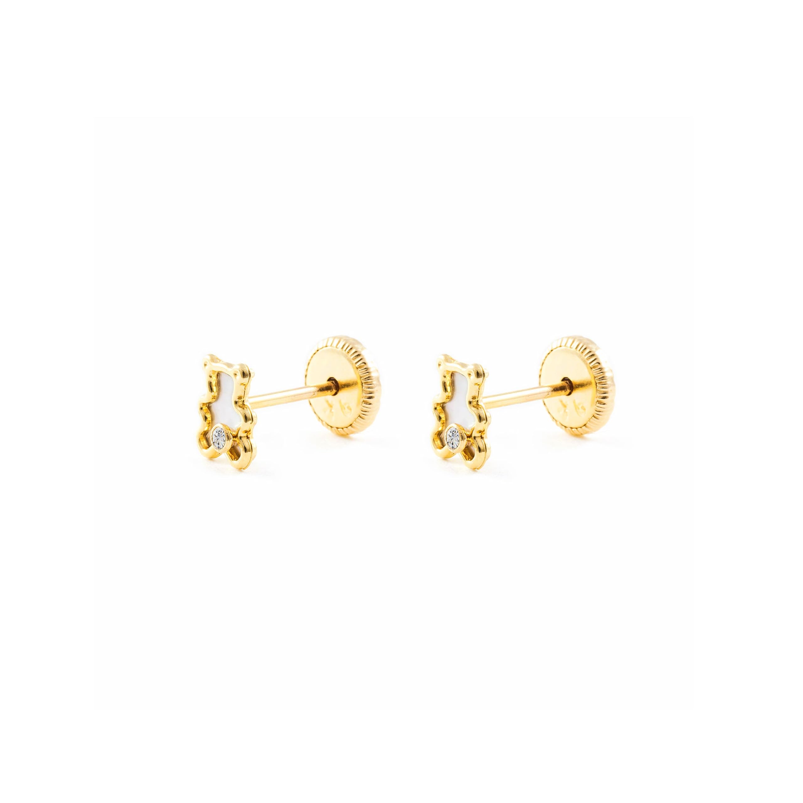 Pendientes Oro Bebe o Niña oso fondo nacar y circon (9kts) - Estuche Regalo - Certificado de Garantía - Mondepetit