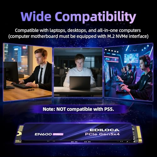 Image of Ediloca EN600 PRO SSD 2TB PCIe 3.0 Gen 3x4, NVMe M.2 2280, Up to 3200MB /s, Internal Solid State Drive, SLC Cache 3D NAND TLC, Graphene Cooling Sticker, Storage for PC, Desktop and Laptops