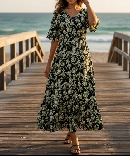 Image of Women's Summer Short Sleeve Maxi Floral Flowy Dresses with Pockets