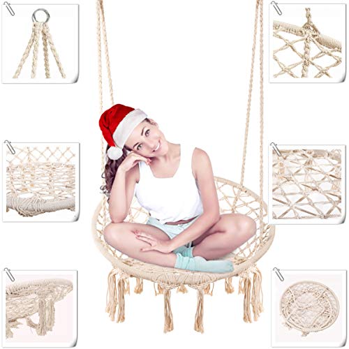 CCTRO Hammock Chair Macrame Swing,Boho Style Rattan Chair Hanging Macrame Hammock Swing Chairs for Indoor/Outdoor Home Patio Porch Yard Garden Deck,265 Pound Capacity (C Beige)