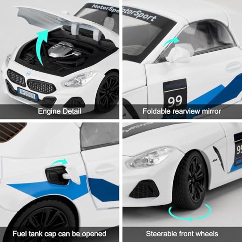 Image of 1:24 B-M-W Z4 Die-Cast Metal Pull Back Car with 6 Openable Doors with Sounds and Lights Toy Decoration, Showpiece Car Best Gift Toys for Kids【White】