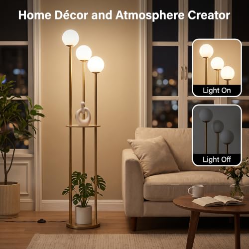 Image of Fiqevs 3 Globe Floor Lamp with Shelves - Living Room Modern Standing Lamp