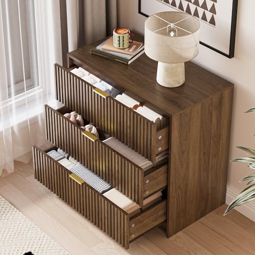 Image of MAISONARIA Fluted Dresser for Bedroom, 32 Inch Wide Nightstand with Large Drawer, 3 Drawer End Table for Bedroom, Living Rooms, Offices, and Entryways, Walnut