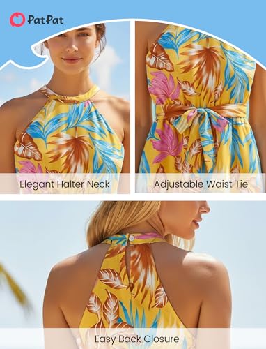 Image of PATPAT Family Hawaiian Matching Outfits - Mommy and Me Vacation Outfits | Halter Sundresses and Button Down Shirts,Caribbean Vacation Summer Tropical Outfits,Hawaiian Boho Tropical Floral Printed