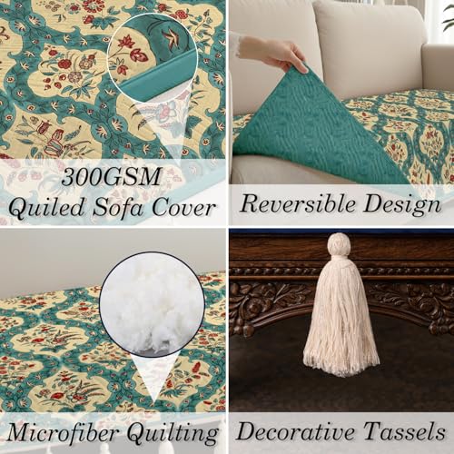 Image of Cloth Fusion 300 GSM Quilted Jaipuri Theme Printed 4 Seater Sofa Cover Mat-Style Fully Covered with Armrest Pockets, Adjustable Straps & Lock Fit (220 cm Seat Run, Floral Damask)