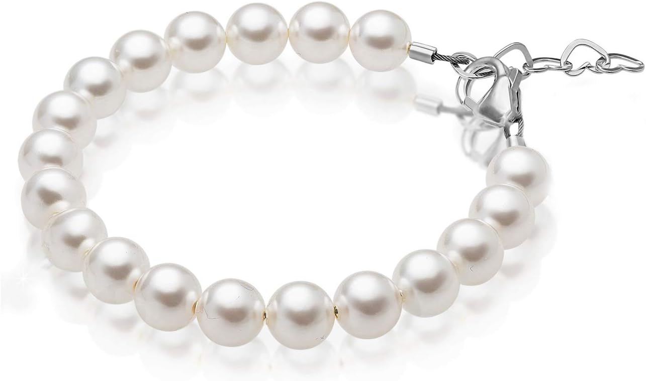 Baby Crystals Sterling Silver Bracelets for Girls with High End White European Simulated Pearls, Elegant Girls Jewelry, Pearl Bracelet for Baby Birthday Gifts Flower Girls, Baptism Keepsake - Image 4