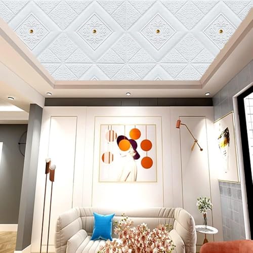 Image of 3D White Brick Wallpaper with Golden Tikdi Self Adhesive PE Foam Wall Sticker for Home Living Room Bedroom Kitchen Hotel DIY Wall Decor ((25, White with Goldan Round Wallpaper)