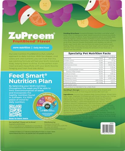 ZuPreem FruitBlend Bird Pellets, Daily Bird Food for Parakeet, Budgie, Parrotlet, Dove, Core Nutrition for Small Birds, Made in USA, Parakeet & Budgie Food (S, 2 lbs) - Image 3
