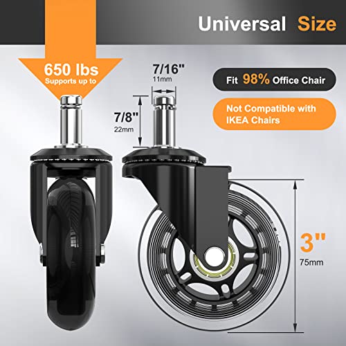 Image of Soontrans Office Chair Wheels Replacement Rubber Chair Casters for Wood Floor Carpet Tile, Set of 5, Heavy Duty Computer Desk Chair Caster Wheels, NOT Compatible for IKEA, Universal Fit