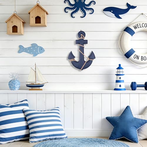 Image of 13 inch Nautical Wooden Anchor with Rope Nautical Beach Wood Anchor Wall Art Decor Door Hanging Ornament Beach Theme Home Decoration (Blue)