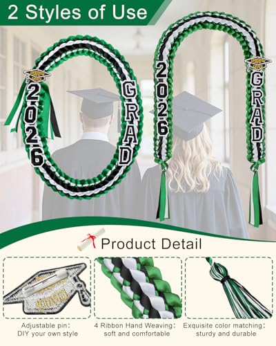 Image of Yigney Graduation Lei Set Class of 2026 Grad Ribbon Leis with Honor Cord Double Braided Graduate Leis for Men Women Green Black White