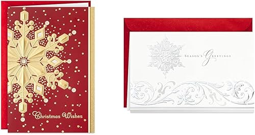 Hallmark Tarjetas navideñas en caja, copos de nieve rojos y dorados (40 tarjetas con sobres) y tarjetas navideñas en caja (copo de nieve de saludos
