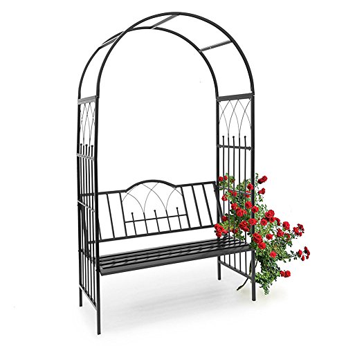 BAKAJI Banc 2 Places avec Arche de Jardin pour Plantes grimpantes en métal, tonnelle Grille pour Roses et Plantes Couleur Noire (115 x 59 x 203 cm)