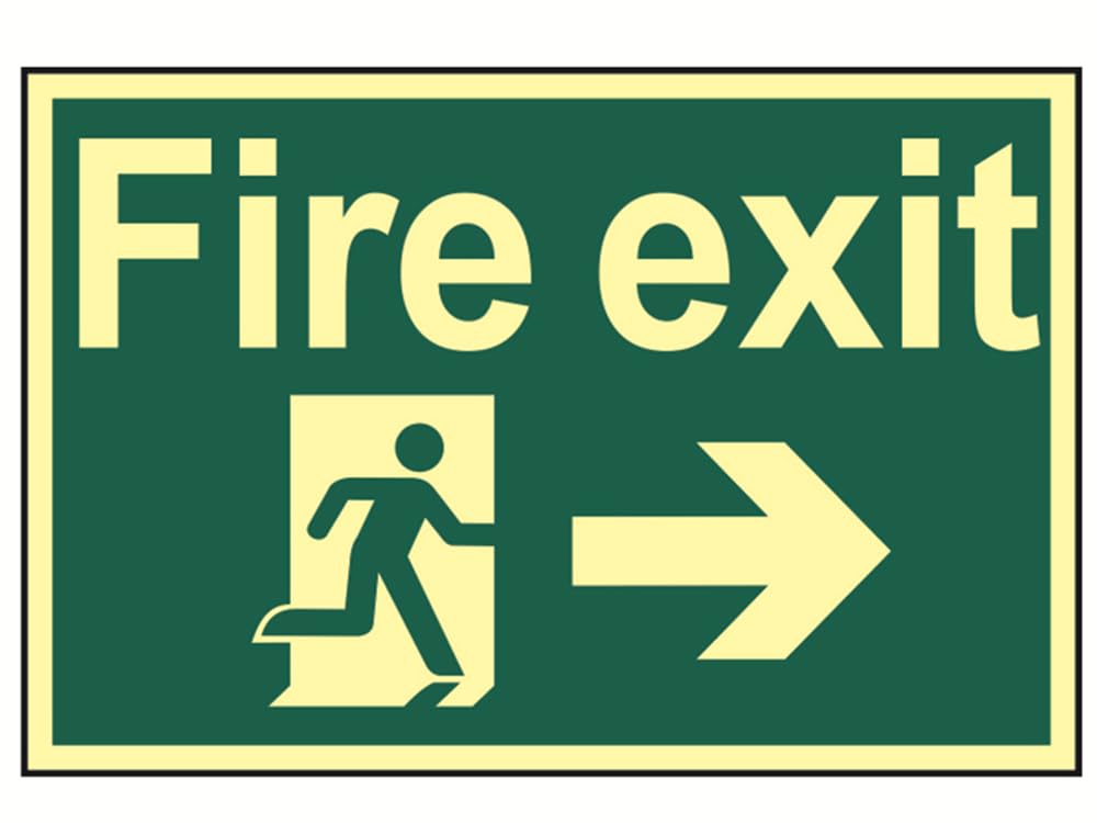Scan SCA1581 Self adhesive PVC sign - Fire exit - running man arrow right - Photoluminescent 300 x 200mm