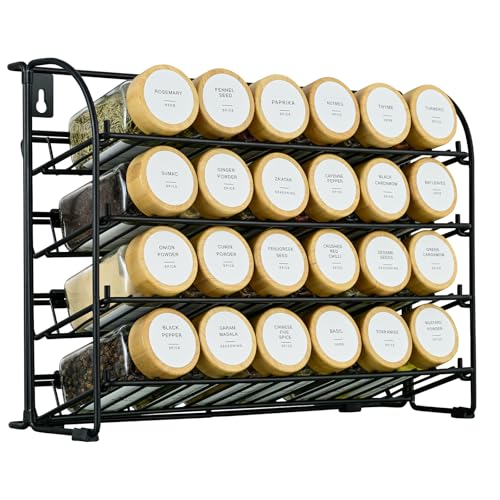 4 Tier Spice Rack Organiser – 2-in-1 Free Standing & Wall Mounted Iron Seasoning Rack with Non-Slip Feet, Space-Saving Kitchen Counter & Cupboard Storage (without Jars)