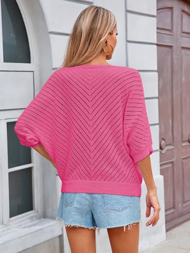 Image of Libsorge Womens Sexy V Neck 3 /4 Sleeve Sweater Spring 2025 Trendy Dressy Casual Outfits Lightweight Crochet Knit Pullover Top