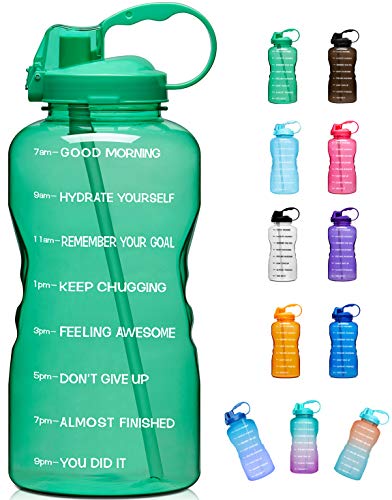 Giotto Large 1 Gallon/128oz (When Full) Motivational Water Bottle with Time Marker & Straw, Leakproof Tritan BPA Free, Ensure You Drink Enough Water Daily for Fitness, Gym and Outdoor Sports-Green