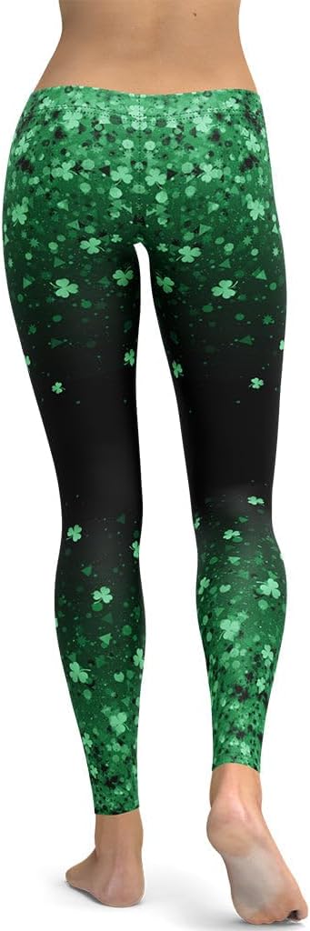 FIERCEPULSE St. Patrick's Day Glitter Print Leggings for Women - Stretchy Pants Printed Leggings for Workout & Exercise