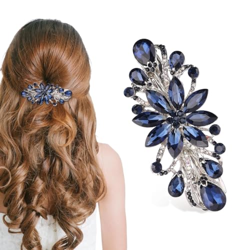 Image of MAYCREATE Floral Rhinestone Center Back Clip, Stylish Hair Barrette, Blue