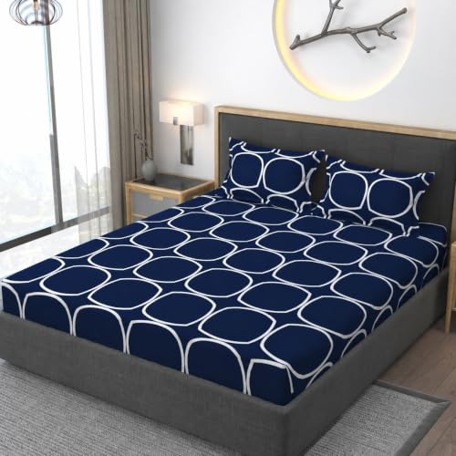 Image of Vaini Premium Heavy Cotton Elastic Fitted Bedsheets with 2 King Size Pillow Covers || Double Bed with All Around Elastic 350 (Blue Round, 72x72 Inch King Fitted)