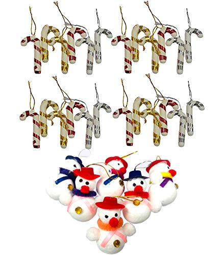 24 Pcs Candy Cane Hockey Stick Umbrella and 6 Pcs Small Mini Snow Man for Christmas Tree Decoration