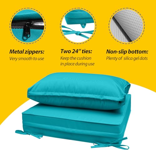 Image of AAAAAcessories Outdoor Seat Cushions for Chairs, Fade-Resistant, Waterproof Patio Furniture Replacement Cushions, 25.5 inch x 25.5 inch x 5 inch + 25.5 inch x 13.5 inch, Turquoise Blue