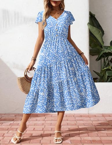 Image of Zeagoo Women's Summer Casual Dress Flutter Short Sleeve V Neck Button Down Tiered Flowy Long Dress with Pockets