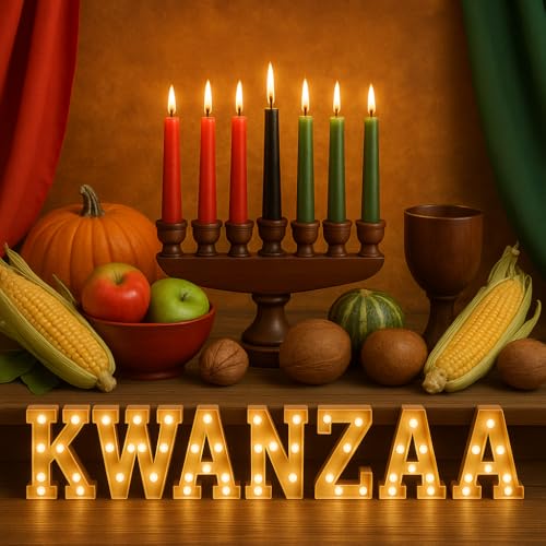 HyqehrtYazc 7 Pieces Kwanzaa LED Lights Happy Kwanzaa Decoration Mishumaa Saba Menorah Battery Operated Letter Lights for Kwanzaa Celebration Decoration