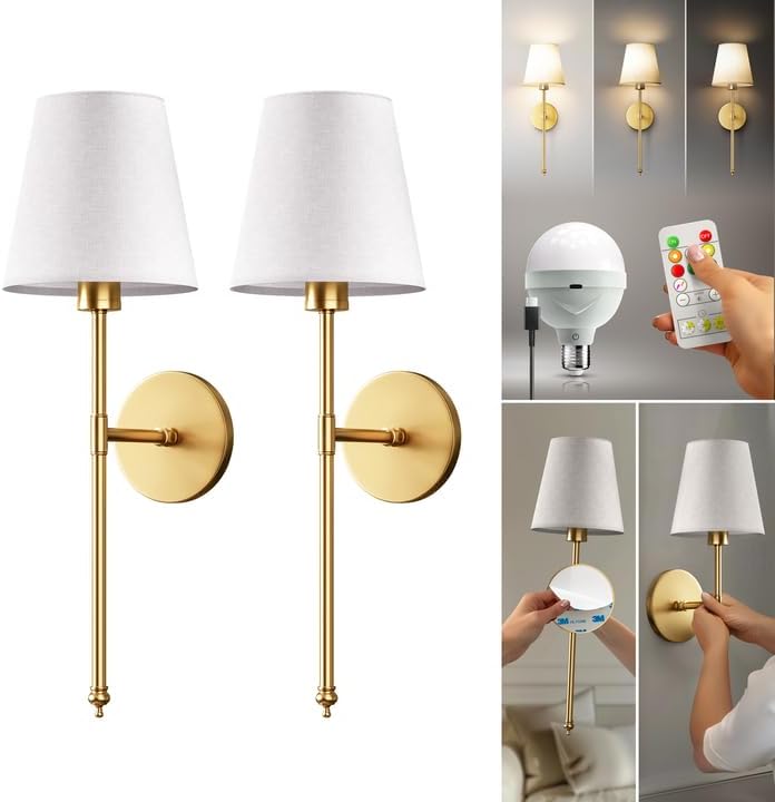 Set of 2 Wireless Wall Sconces Peel & Stick with Adhesives for Easy Installation with Rechargeable LED Bulbs, Remote Controlled, Adjustable Brightness & Warmth, Living Room Wall Decor (Gold)
