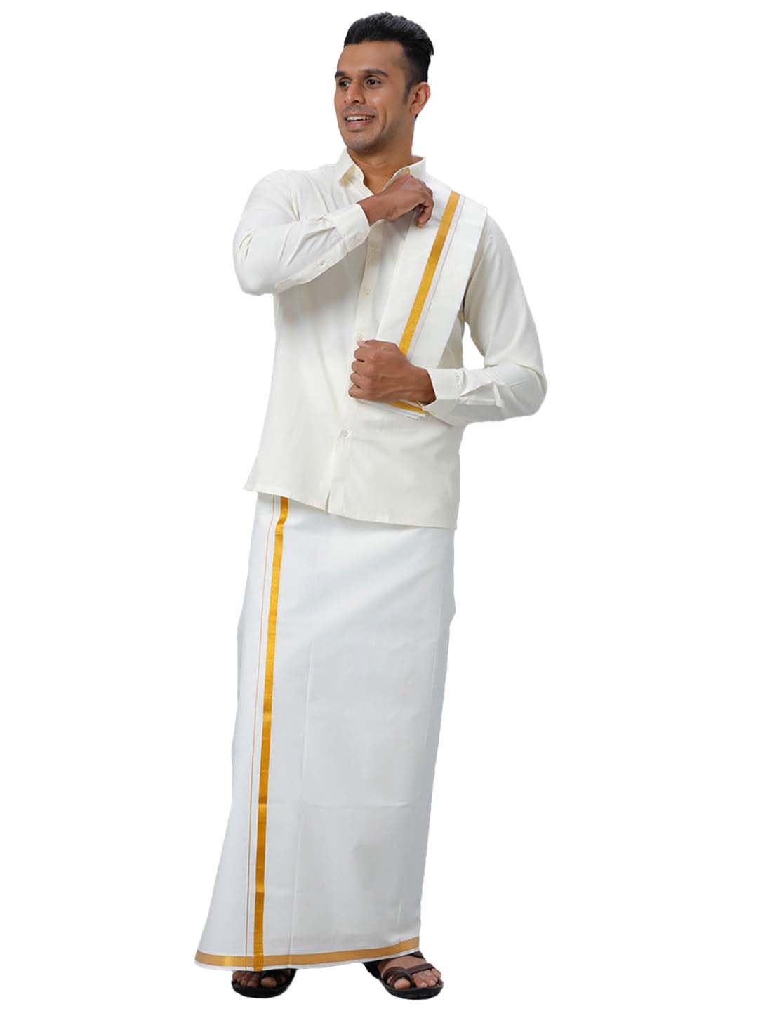 Men’s Traditional White Full Sleeve Shirt with Gold 3/4 Inch Jari Border Dhoti Set with Towel and Belt