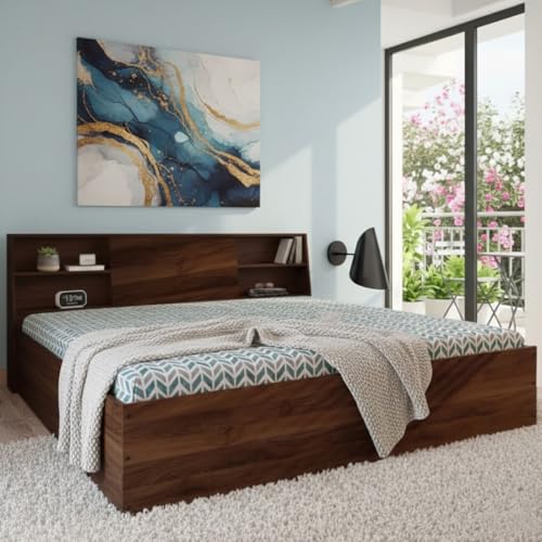Image of FURNY Orbix King Size Engineered Wood Bed with Headboard Storage & Box Storage | Contemporary Design | Strong Bed for Bedroom & Hotel