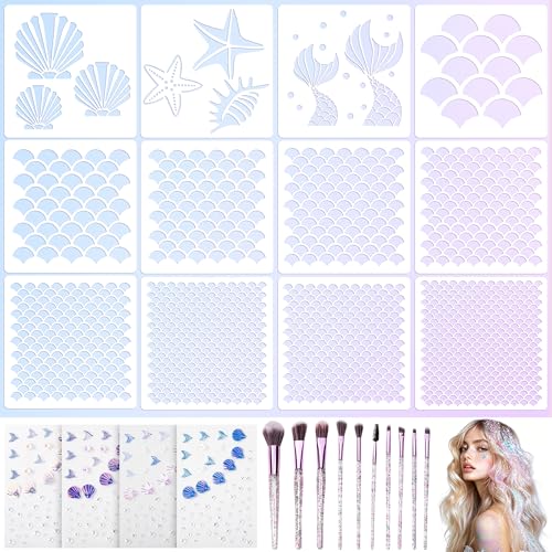 codree 26 Pcs Mermaid Scale Stencil Set Mermaid Face Makeup Templates Shell Starfish Fish Scale Stencils Mermaids Sticker Makeup Brushes for Women Girls Face Painting Wall Accessories