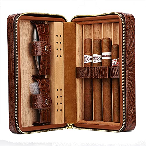 M Time C Club 4-Finger Cigar Case, Cigar Humidor Portable Travel Crocodile Skin-Style Burgundy Leather Cigar Case Humidifier #TOP4