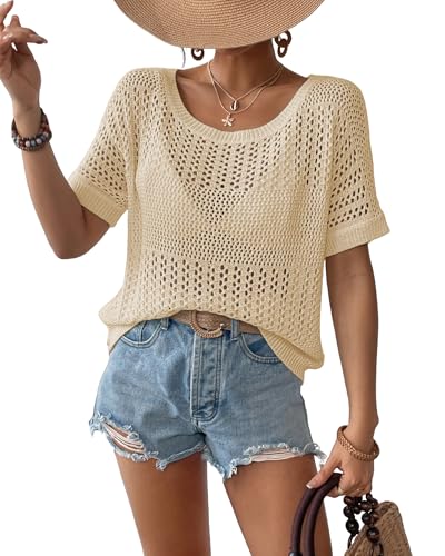 Bsubseach Tops de ganchillo para mujer, manga corta, para trajes de baño, suéter de punto ahuecado, parte superior de malla 2026, Albaricoque, S