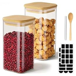 Kimqi Glass Food Storage Jars, 23 Fl.oz Glass Canisters with Airtight Bamboo Lids Set of 2, Square Sugar Jars Kitchen Containers for Coffee, Tea, Flour, Candy - Included Labels, Marker and Spoon