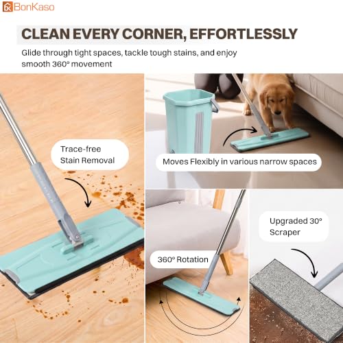 Image of BonKaso Telescopic Flat Mop & Bucket Set with Hands-Free Squeeze System, Microfiber Floor Cleaning Mop for Wet & Dry Cleaning | Includes 2 Reusable Pads for Home, Kitchen, Bathroom & Office | Green