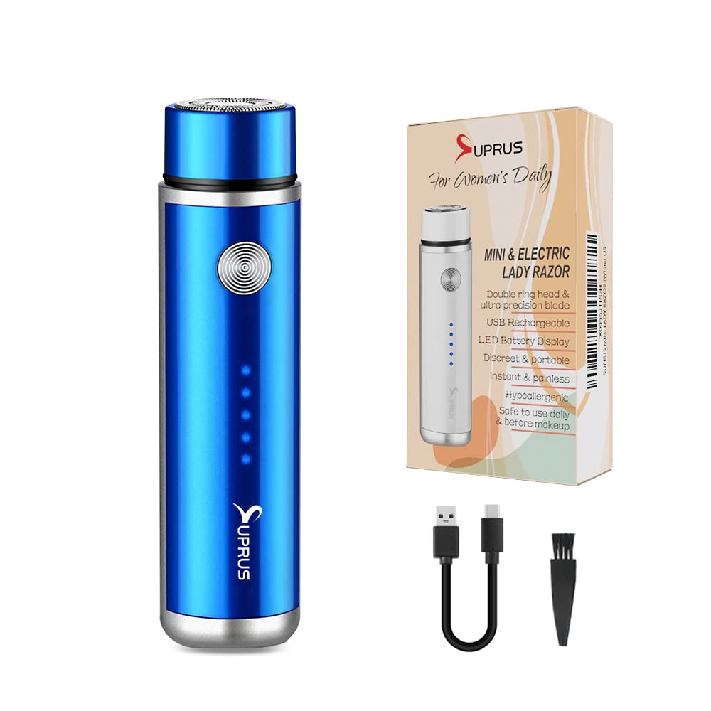 SUPRUS Damska golarka elektryczna z możliwością ponownego ładowania przez USB, do twarzy, brody, wąsów, nóg, pach, bikini, LED, wskaźnik baterii, bezprzewodowy (niebieski)