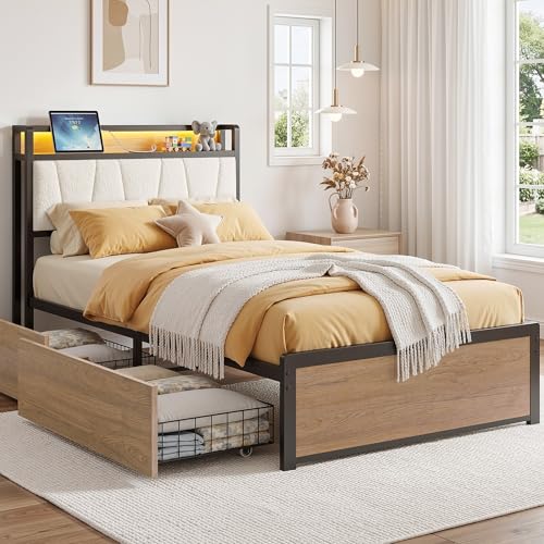 LIKIMIO Twin XL Bed Frame with 2 Storage Drawers Charging Station & LED Lights Twin XL Bed with Boucle Upholstered Headboard Strong Metal Slats No Box Spring Needed Easy Assembly Wood/Cream