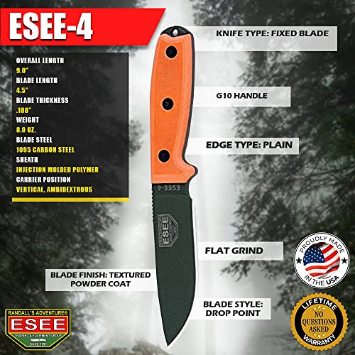 Image of ESEE 4P Survival Knife - Field Tested Fixed Blade Knife with Molded Polymer Sheath & Clip Plate, Full Tang, Plain Edge - Durable Outdoor Camping Blade with Sheath for Survival