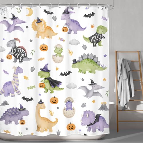 Image of Halloween Dinosaur Shower Curtain Bathroom Set 60Wx71H Inches Kids Cartoon Watercolor Cute Dino Funny Spooky Candy Animal Adorable Bath Accessories Festival Art Home Decor Fabric 12 Pack Hooks