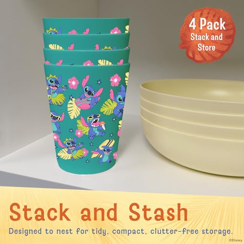 Image of Disney Stitch Plastic Drinking Glasses, Dishwasher Safe, 4-Pack | 16 oz, unbreakable, reusable, BPA-free, stackable to save space, great for water, juice, and family meals