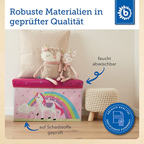 Bieco Aufbewahrungsbox mit Deckel | Einhorn 60L, faltbar | ca. 60x30x35cm | Spielzeugkiste mit Deckel | Aufbewahrungsbox Kinder | Kisten mit Deckel | Aufbewahrungsbox Groß | Wickeltisch Organizer
