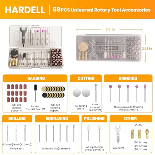 HARDELL 69pcs Rotary Tool Accessories, Power Rotary Tool Accessories kit with 1.0/1.6/2.3mm Diameter Shanks, Universal Rotary Tool Bits for Woodworking, Drilling, Engraving, Polishing, Carving - Image 3