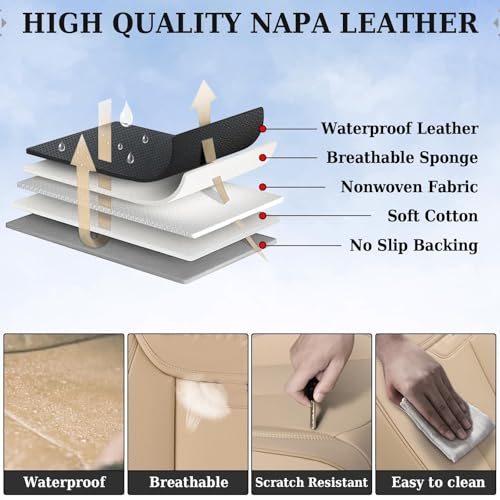 Image of Coverado Seat Covers, Car Seat Covers Front Seats, Car Seat Cover, Car Seat Protector Waterproof, Car Seat Cushion Nappa Leather, Beige Seat Covers Carseat Cover Universal Fit for Most Cars