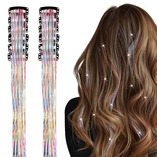 Hair Tinsel 12Pcs Colorful Glitter Hairs Extensions 19.6 Inch Party Dazzle Hair Accessories Heat Resistant Party Festival Accessories for Women - Rainbow