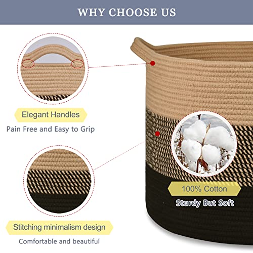 Image of Large Cotton Rope Blanket Basket, 87L Laundry Hamper, Brown & Black