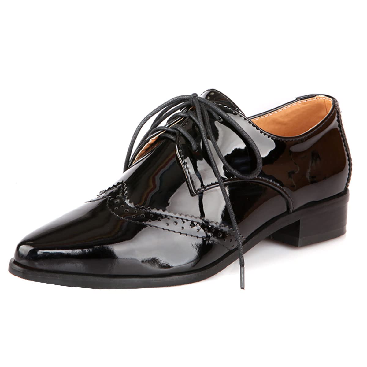 SHEMEE Womens Patent Leather Low Heels Vintage Wingtip Oxfords Pumps Lace Up Pointed Toe Flat Retro Brogues Dress